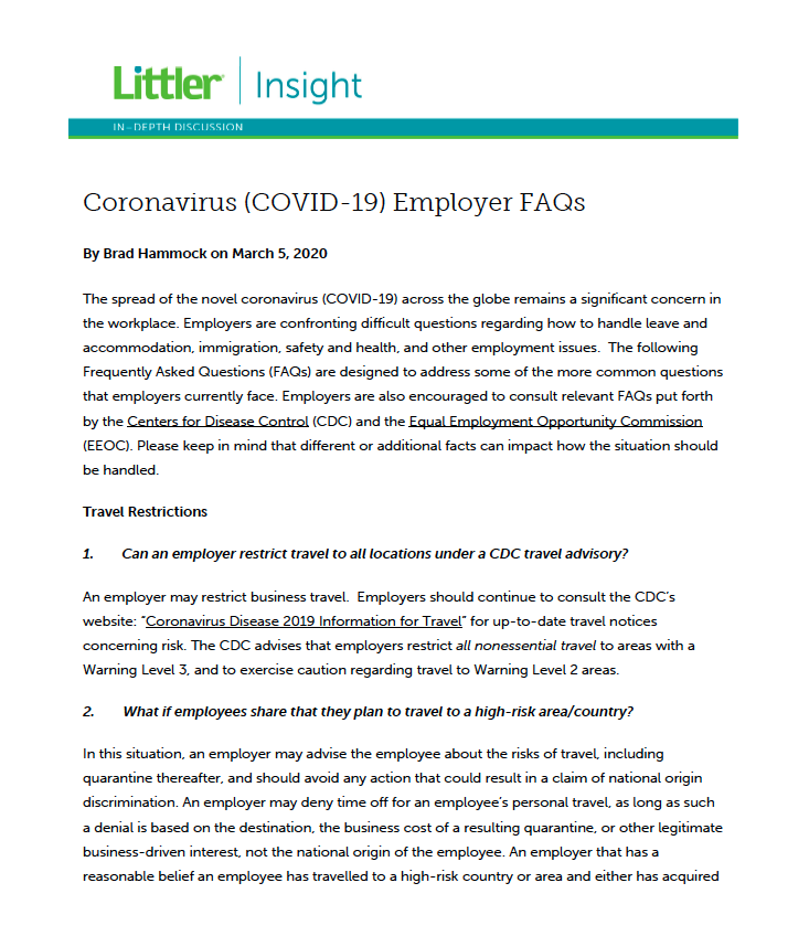 CGCC E-Connects: "Coronavirus (COVID-19) Employer FAQs" featured image
