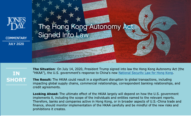 Jones Day Commentary – The Hong Kong Autonomy Act Signed into Law featured image